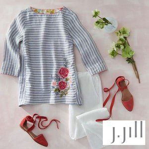 J. JILL Blue & White Striped Embroidered Linen Tunic/Top/Blouse